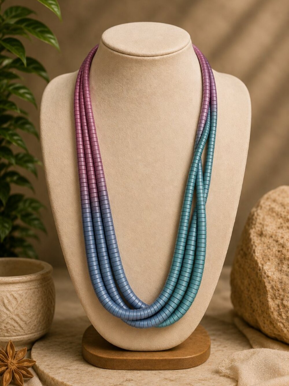 Vintage Ombre Wood Bead Necklace in Purple, Teal and Red Handmade 90s Jewelry